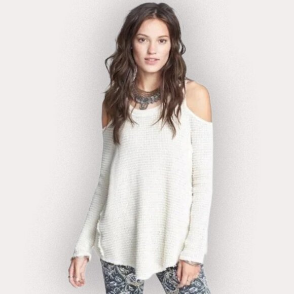 🆕 NWOT Free People | Sunrise Sunset Cold Shoulder Waffle Knit Sweater Top | S - Picture 12 of 13
